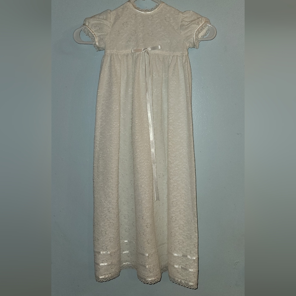 Infant Gown Christening Baptism Full Length lace Baby Dress buttons ribbon bow